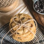 stack of fresh milled flour chocolate chip cookies on a cooling rack.